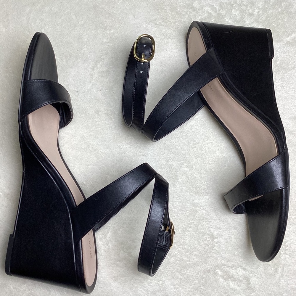 Stuart Weitzman Black Leather Wedge Sandals Ankle Strap SD753120 Women's US 9B - Picture 4 of 8